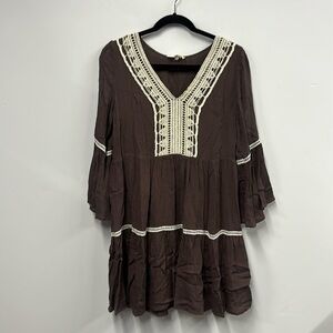 Entro brown cream crochet long sleeve dress S